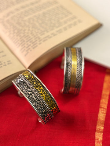 Chaya Floral Embossed Silver Oxidized Bracelet Cuff Pack of Two