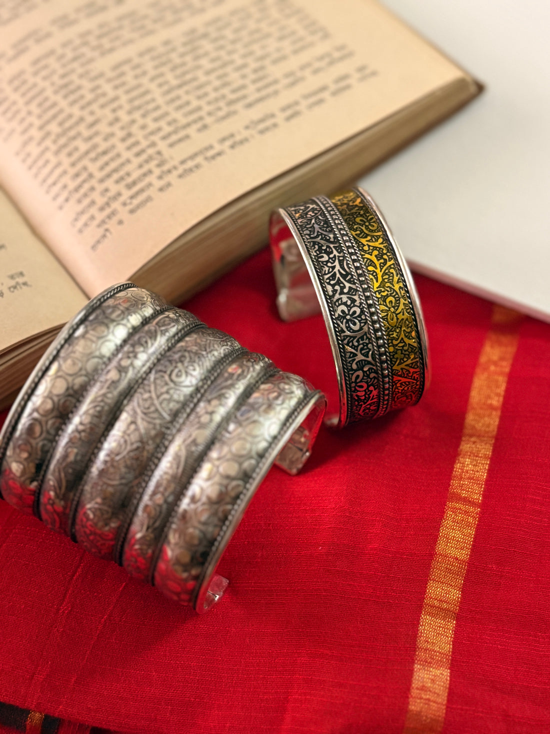 Darsala Silver Oxidised Cuff Bracelet Set of Two