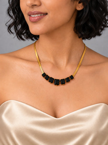 Niska black AD Stone Silver replica necklace on model in champagne satin