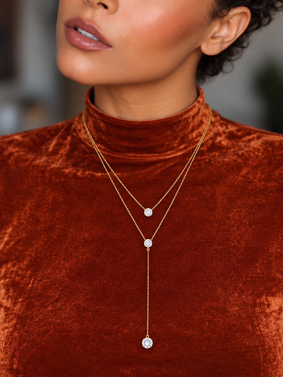 Niska gold-tone layered lariat replica necklace model close-up
