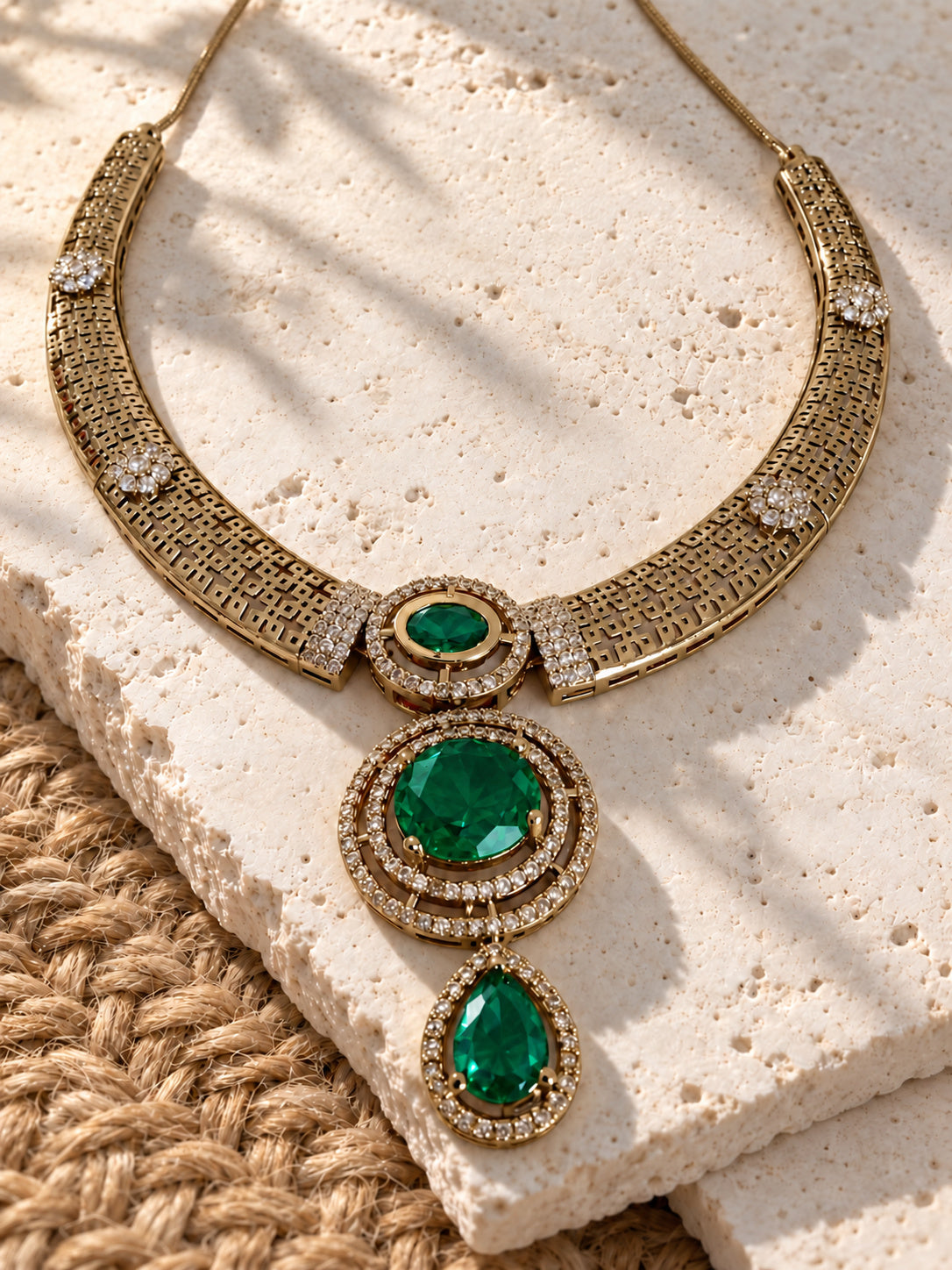 Niska green stone gold-tone AD replica necklace set view 3