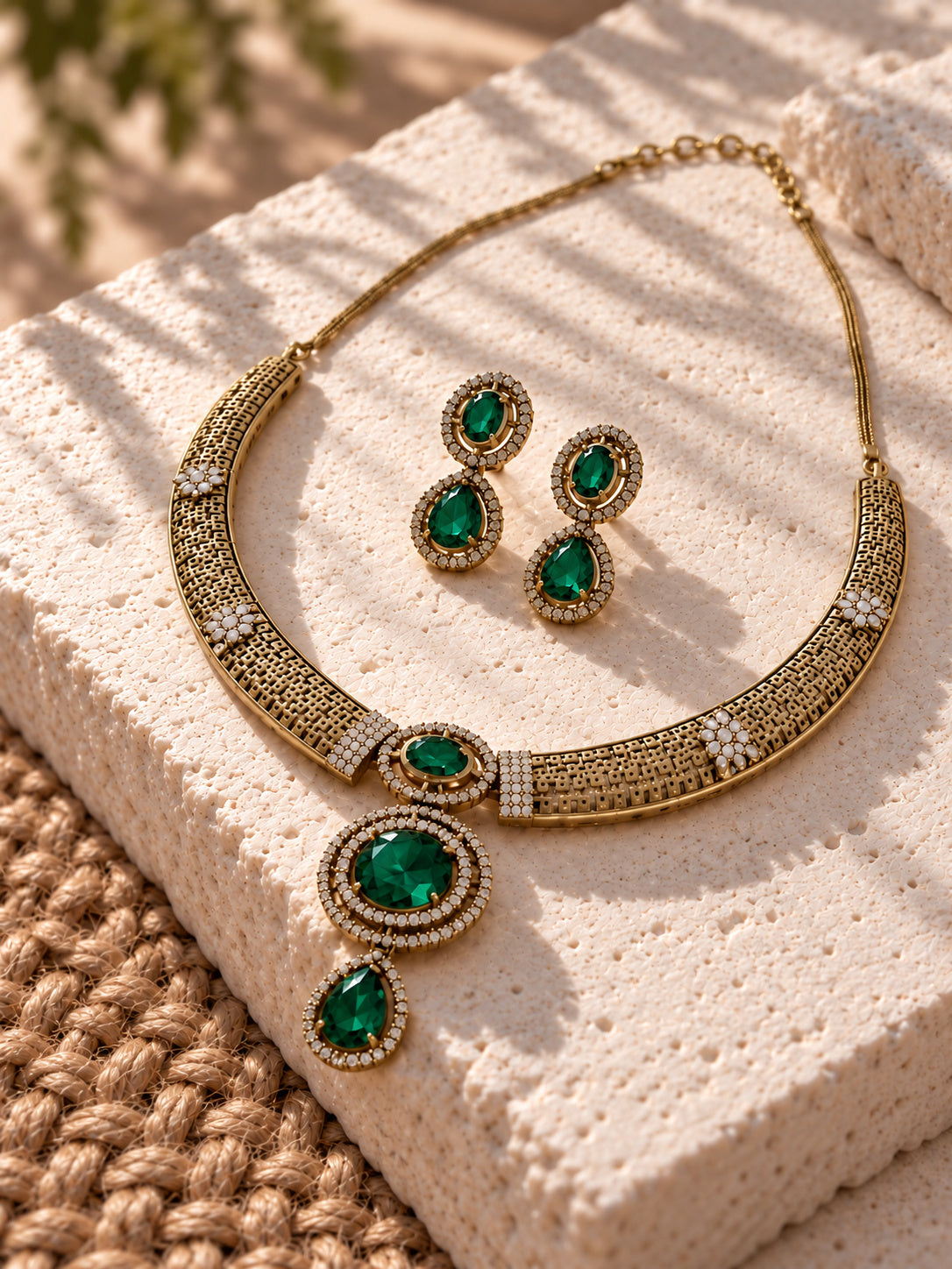 Niska green stone gold-tone AD replica necklace set view 5
