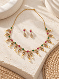 Pink and green replica necklace set with pearl drops and matching earrings — view 2