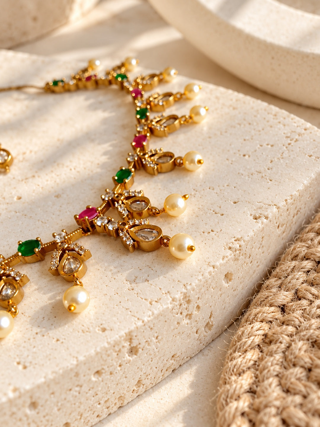 Pink and green replica necklace set with pearl drops and matching earrings — view 3