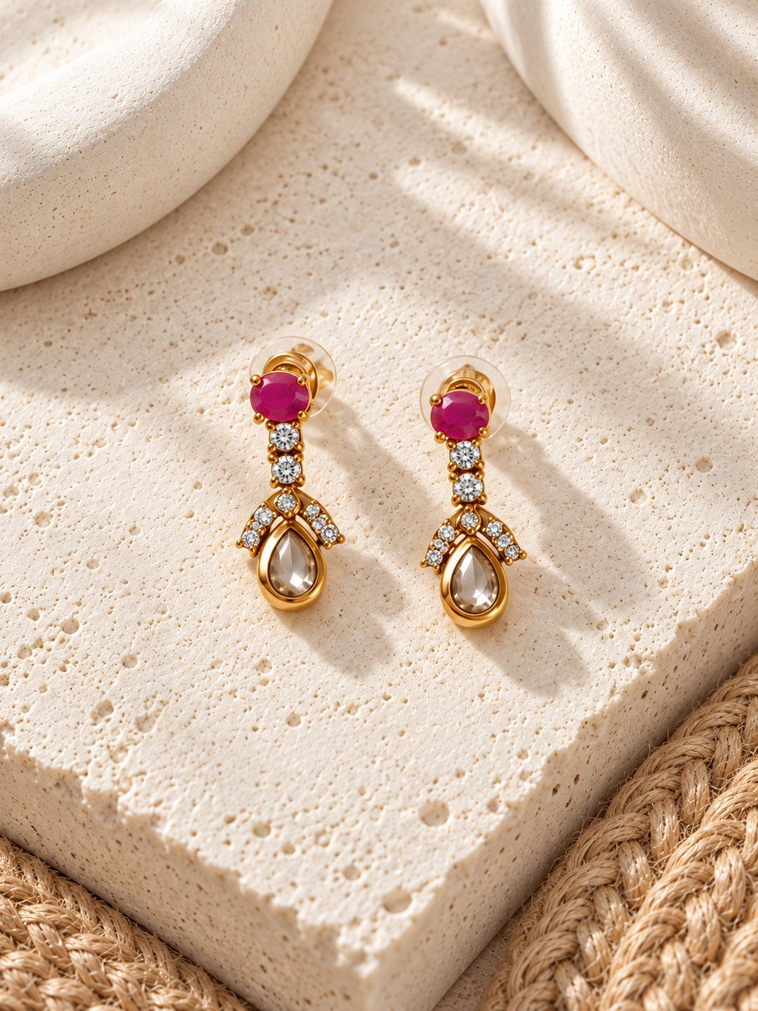 Pink and green replica necklace set with pearl drops and matching earrings — view 6