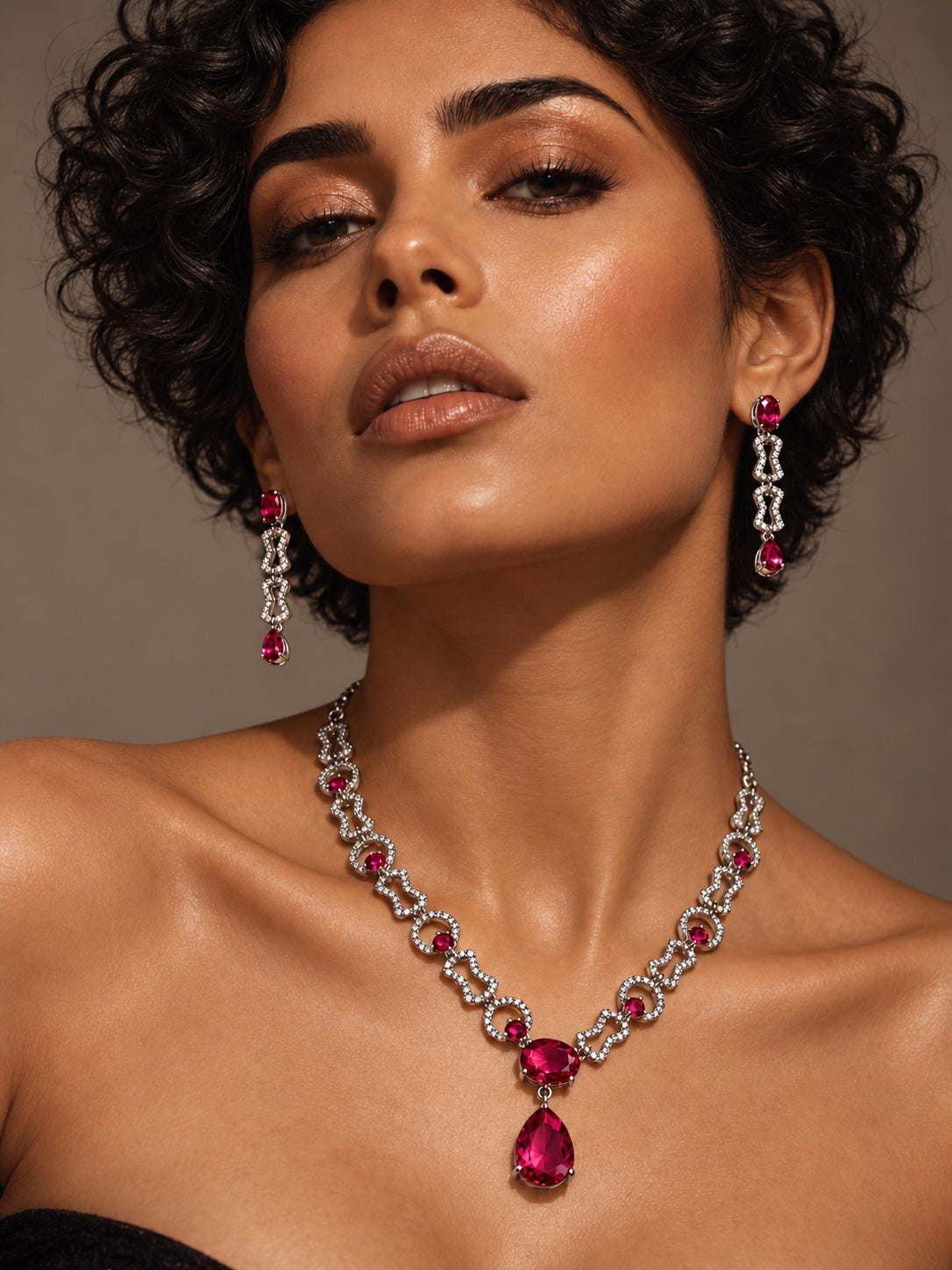 Niska ruby red silver replica necklace set on model with short curly hair