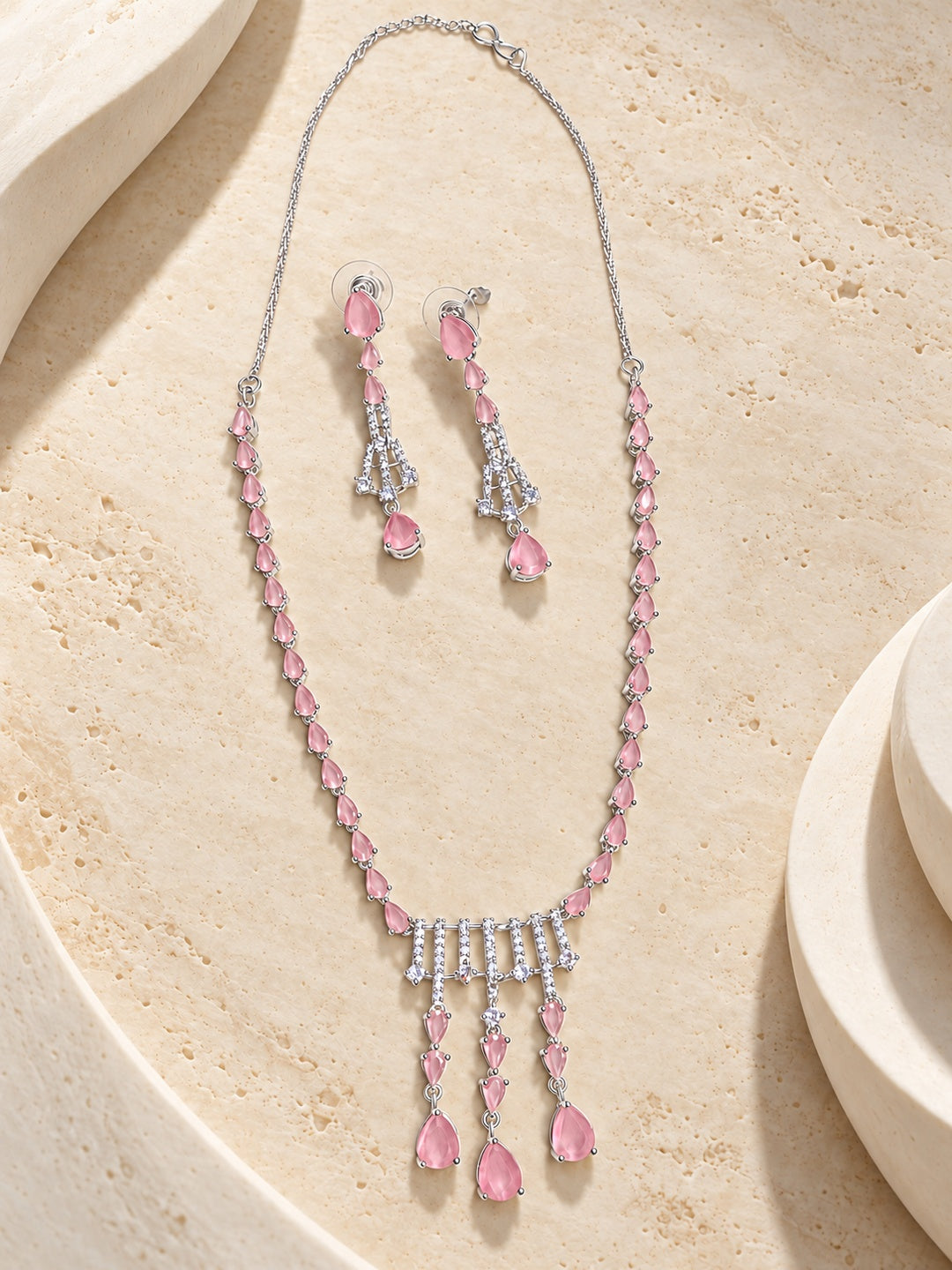 Niska blush pink teardrop silver replica necklace and earrings set - view 10