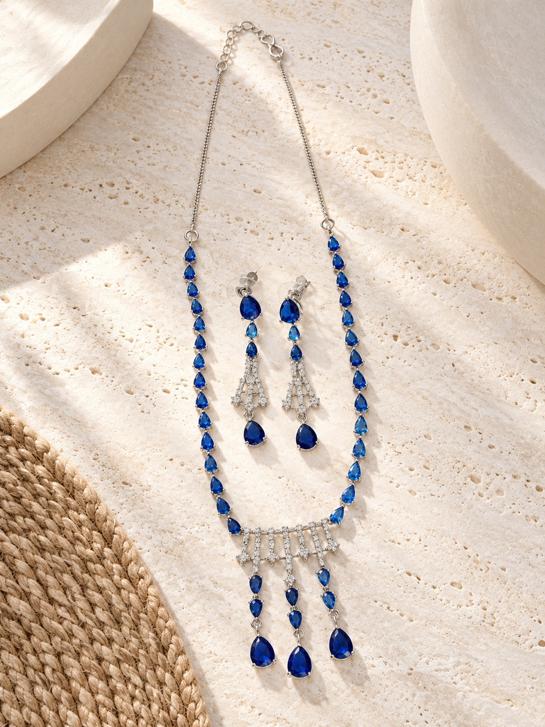 Niska blue teardrop silver tone replica necklace and earrings set product view