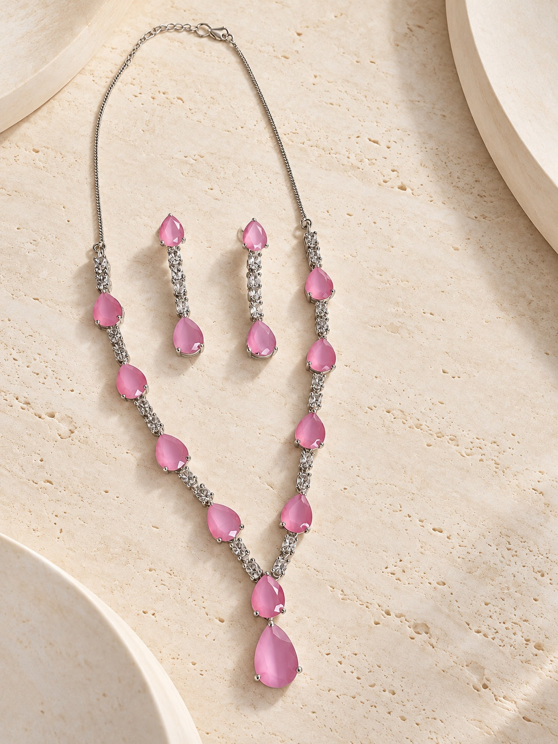 Niska pink teardrop replica necklace set with matching drop earrings - view 5