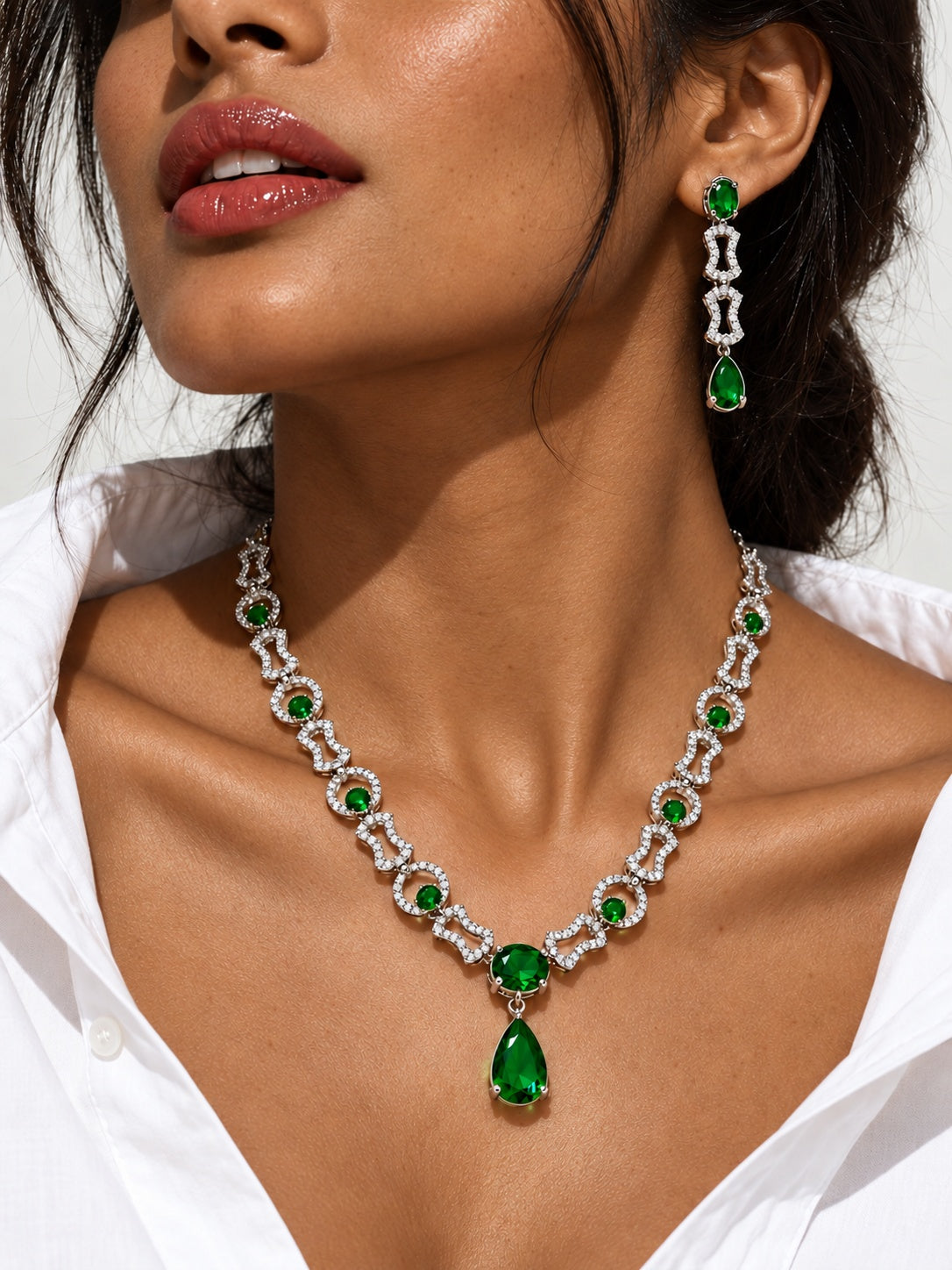 Emerald Green Teardrop Replica Necklace Set with Earrings on model