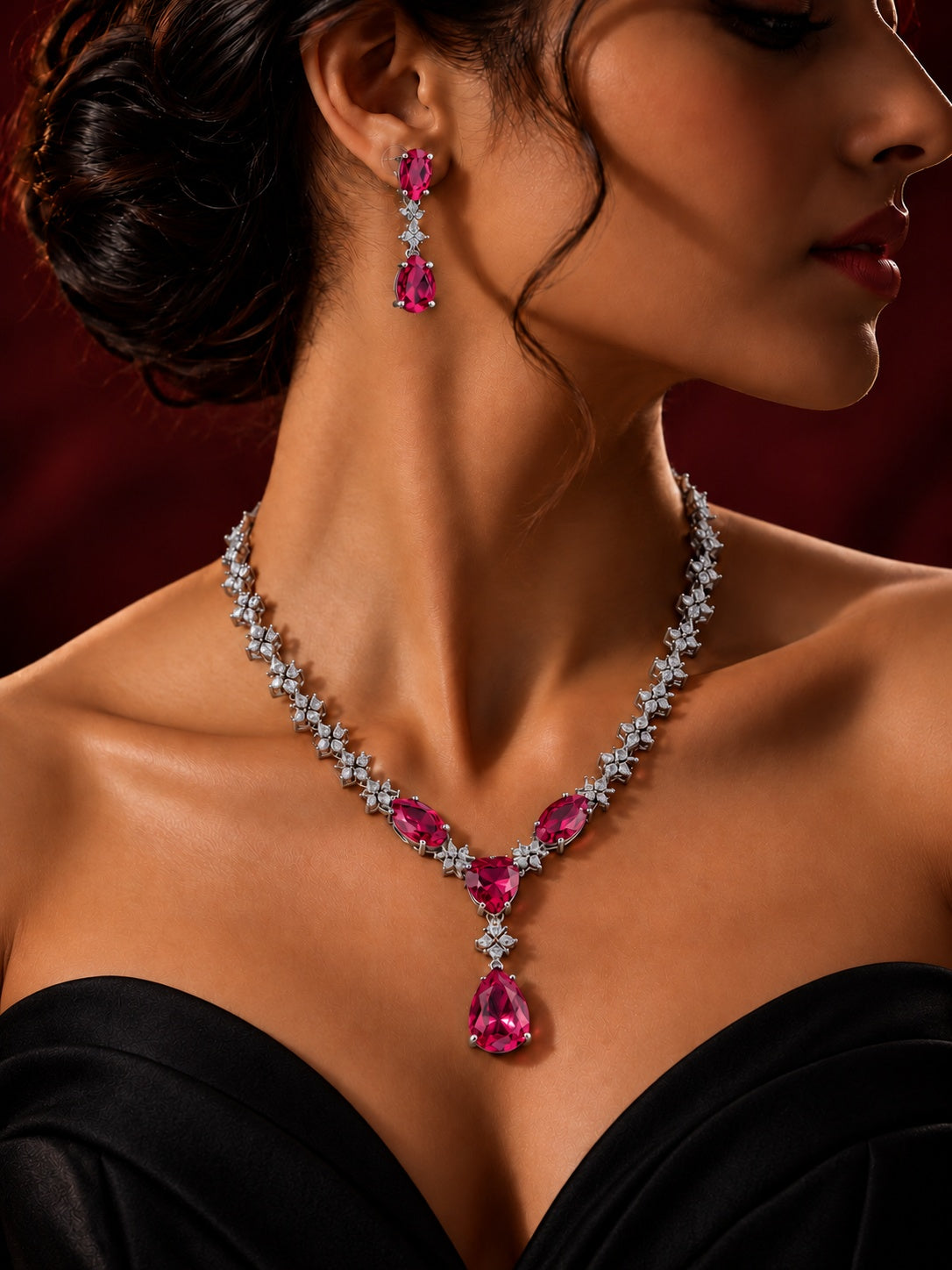 Niska pink AD Stone Silver replica necklace and earrings on model