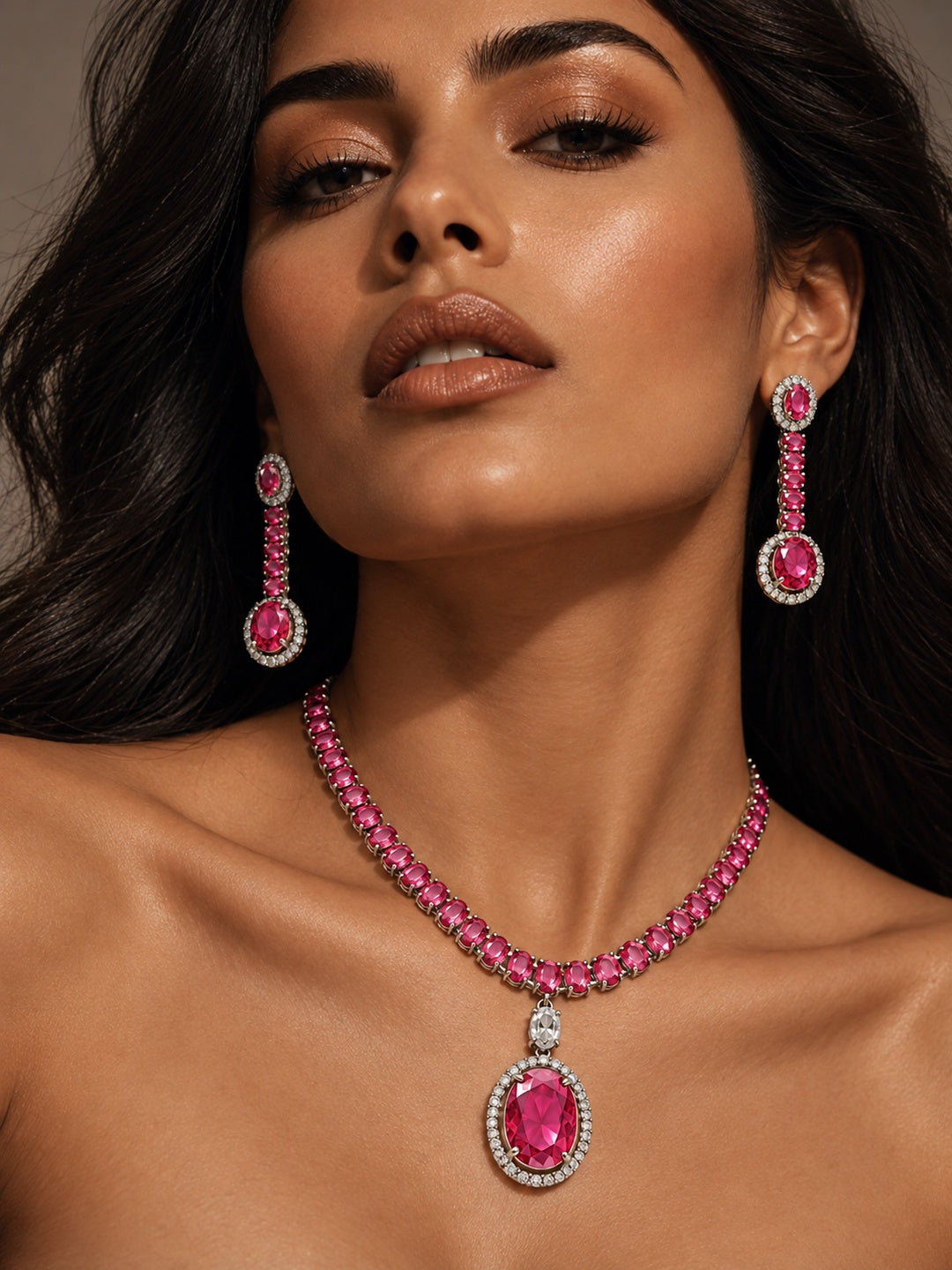 Niska rose pink oval replica necklace and earrings set NE26N10484 model view