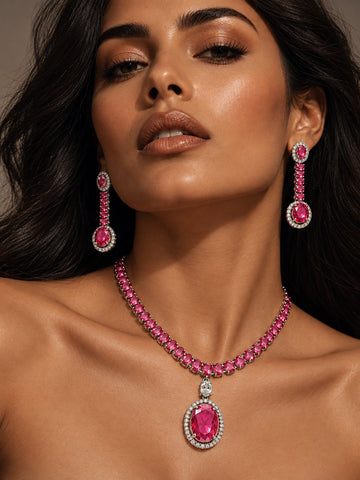 Niska rose pink oval replica necklace and earrings set NE26N10484 model view