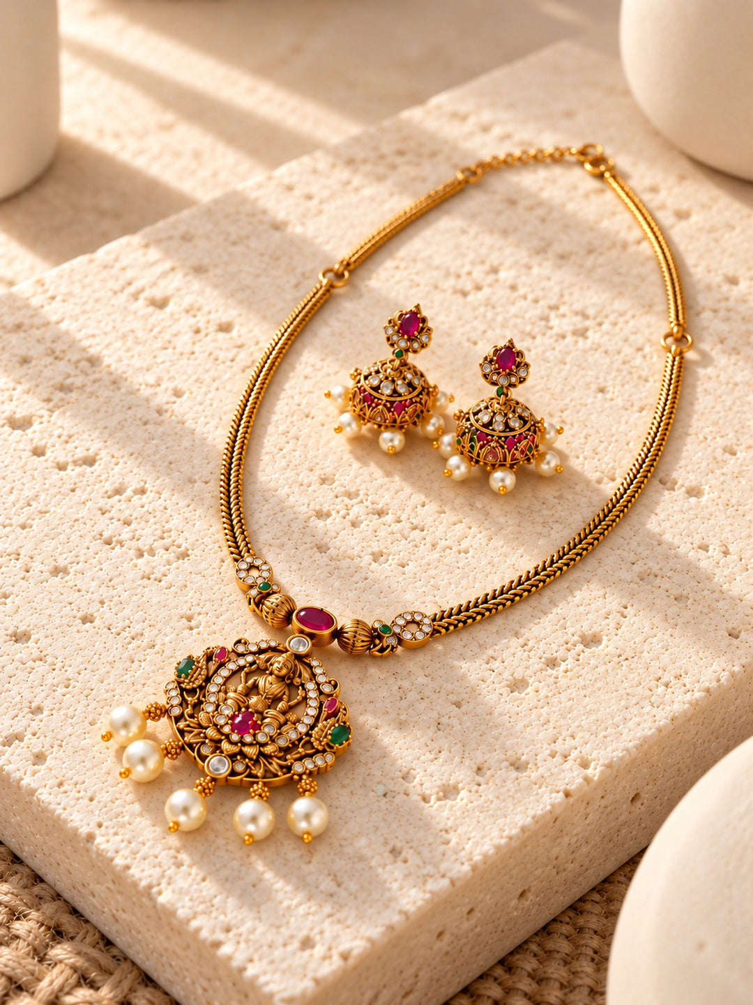 Niska temple replica necklace and jhumka earrings - product view 2