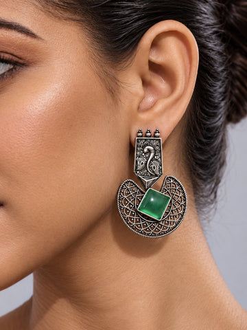 Green Stone Peacock Silver-Tone Earrings