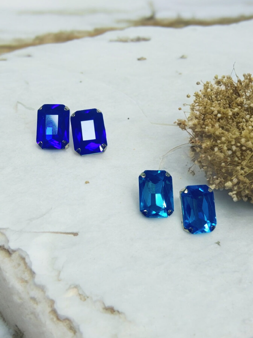 Set of 2 Crystal Faux Emerald Studs Aqua & Dark Blue