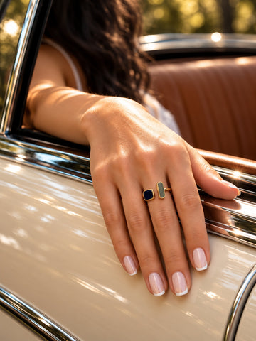 Niska Navy & Sage Two-Stone Replica Ring worn on hand