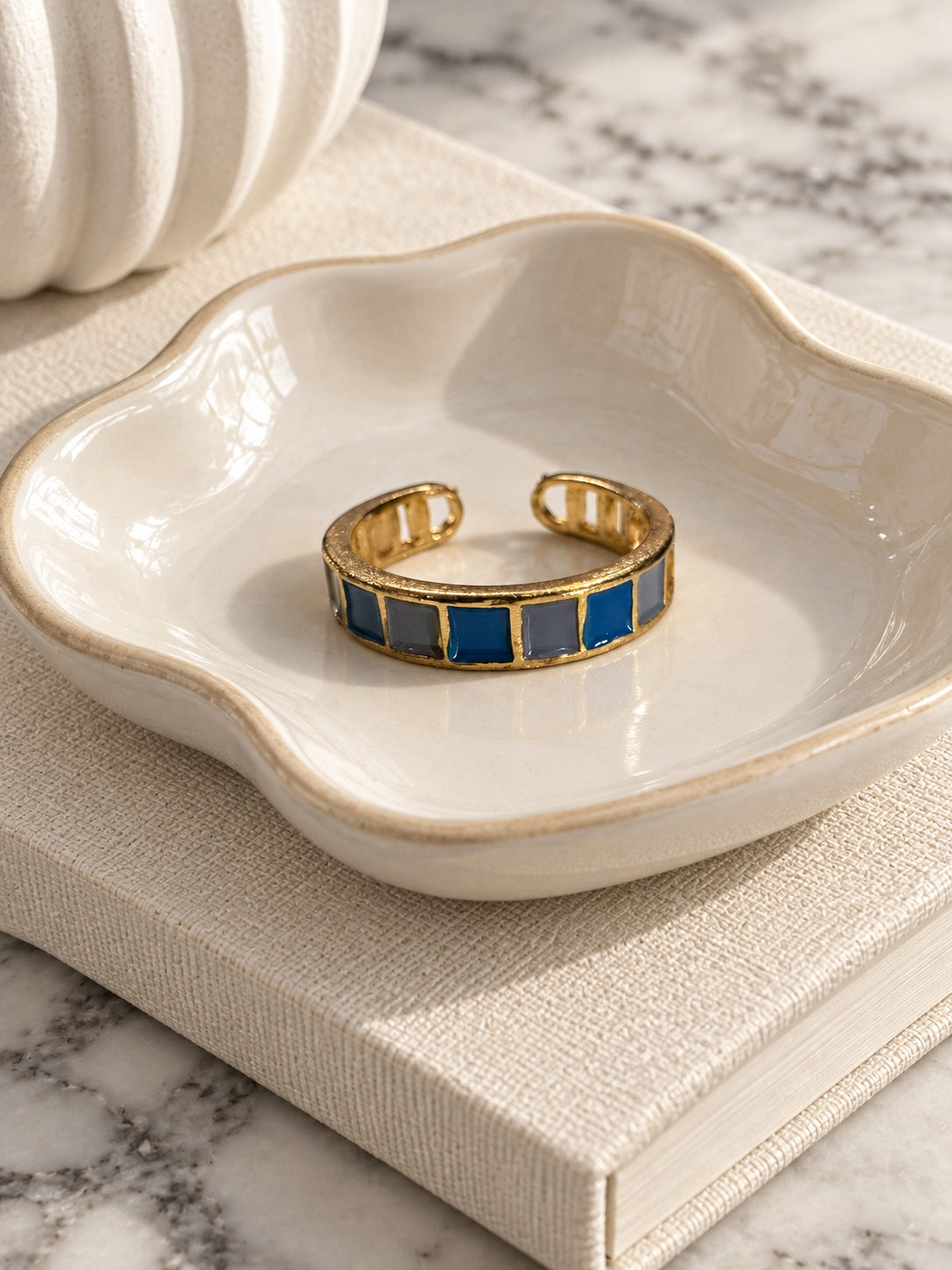 Niska blue and grey mosaic adjustable gold-tone ring on model