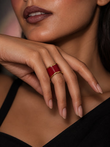 Niska ruby red enamel cuff ring replica worn on model hand