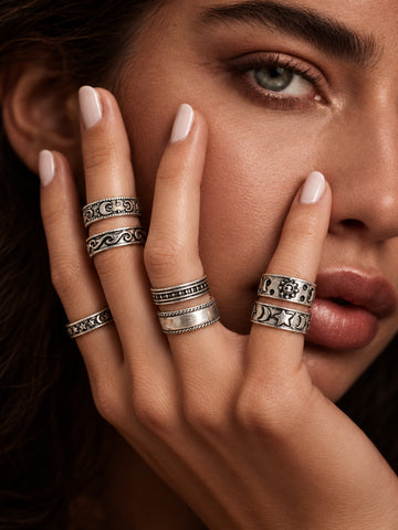 Niska celestial silver-tone replica seven-ring set styled on model hand