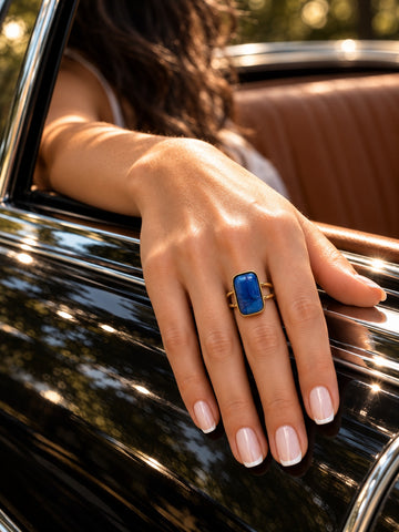 Niska cobalt blue rectangular statement ring worn on hand