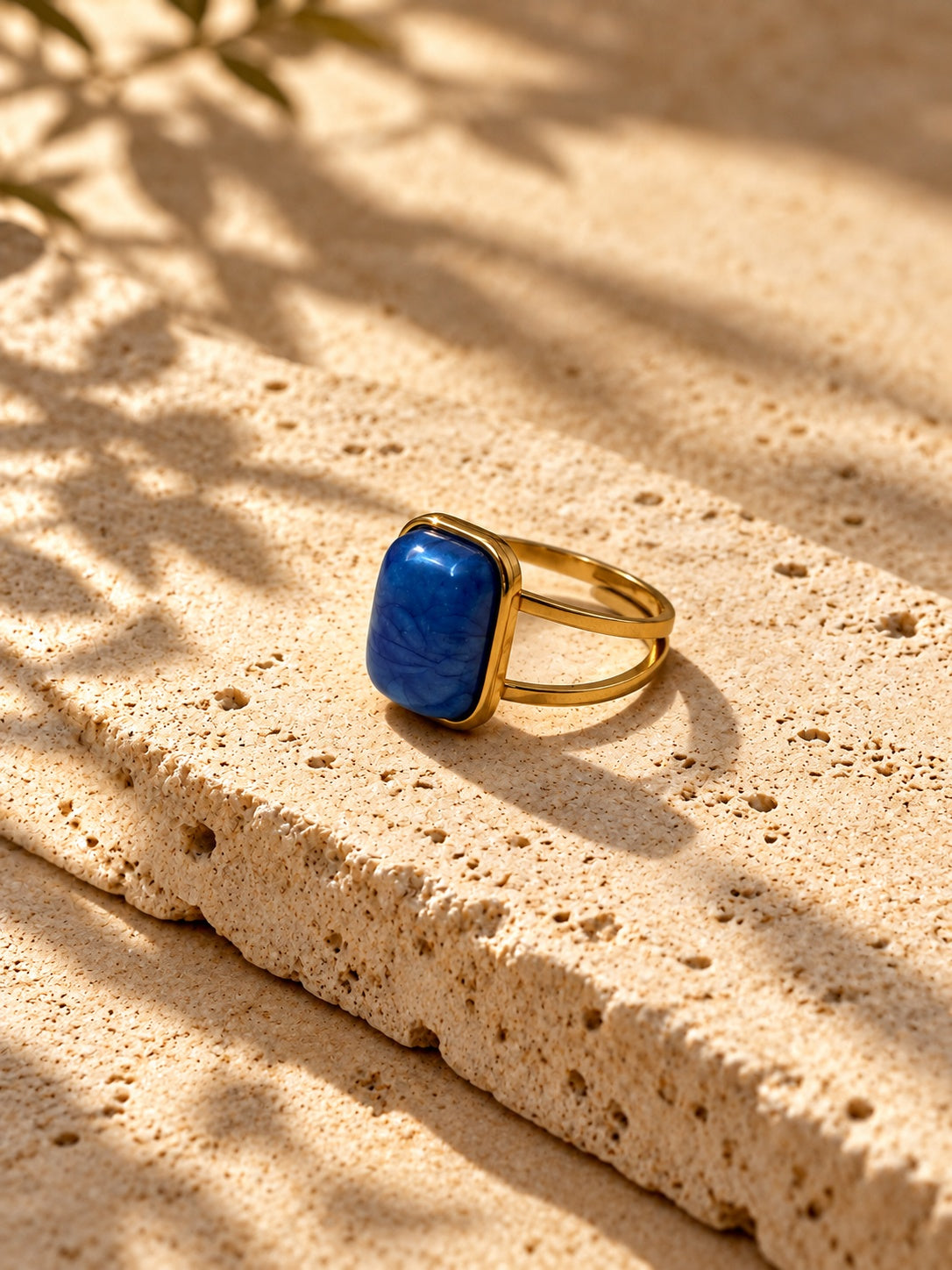 Niska cobalt blue rectangular statement ring worn on hand