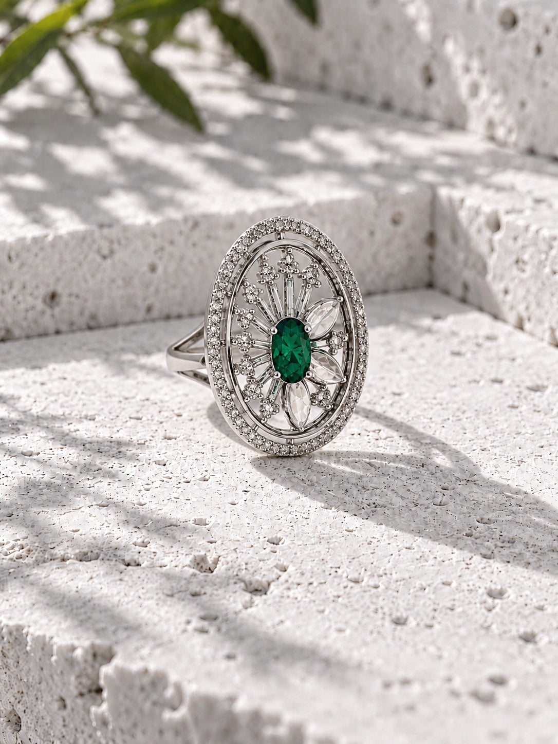 Niska green oval floral AD Stone statement ring product view