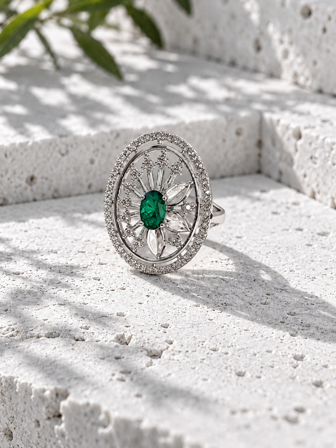 Niska green oval floral AD Stone statement ring product view