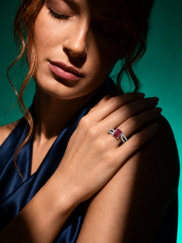 Niska raspberry pink rectangular AD Stone ring worn on model