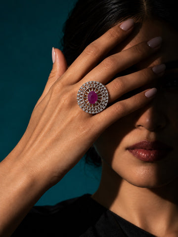Niska purple round AD stone statement ring on model