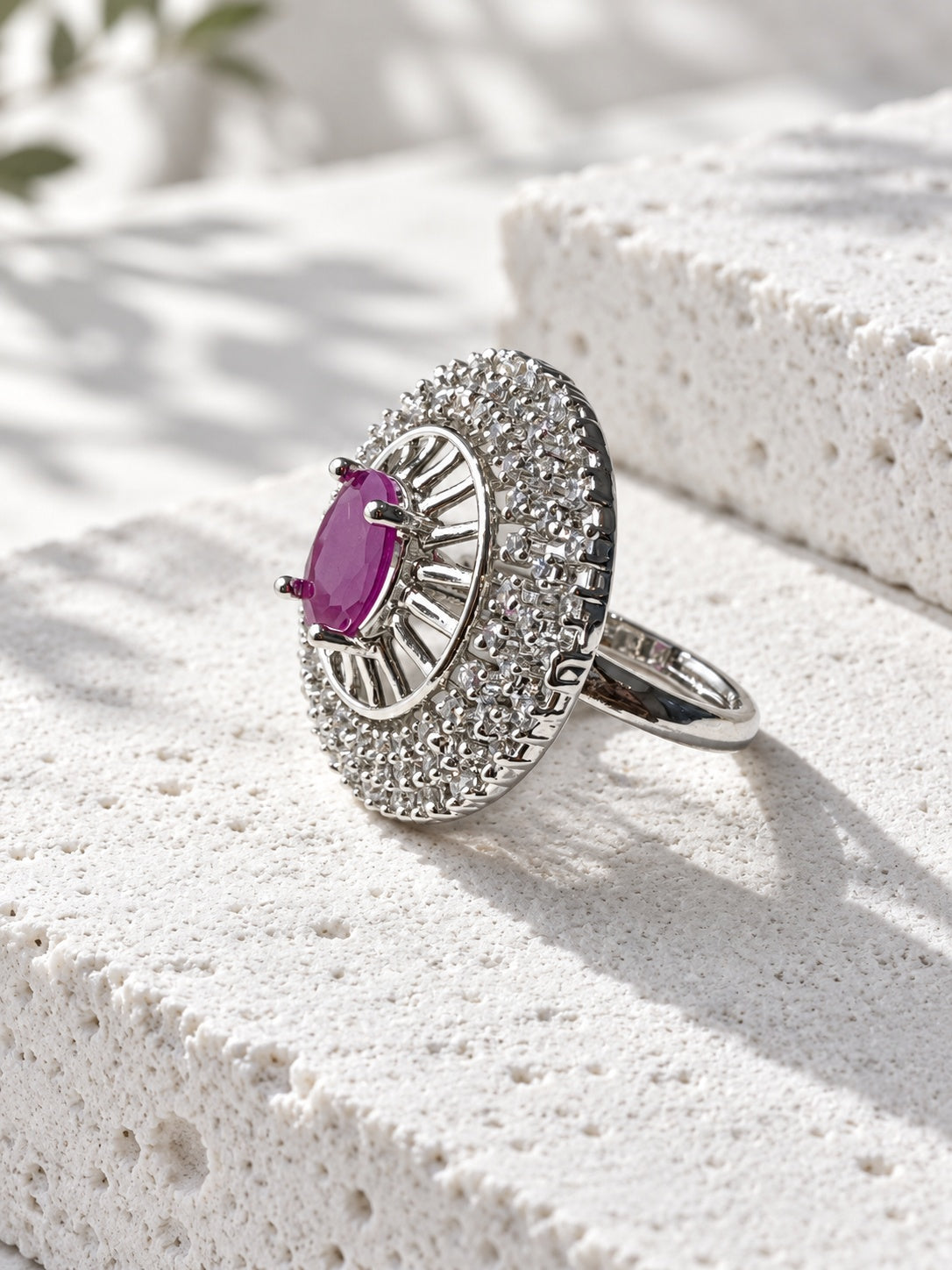Niska purple round AD stone statement ring on model
