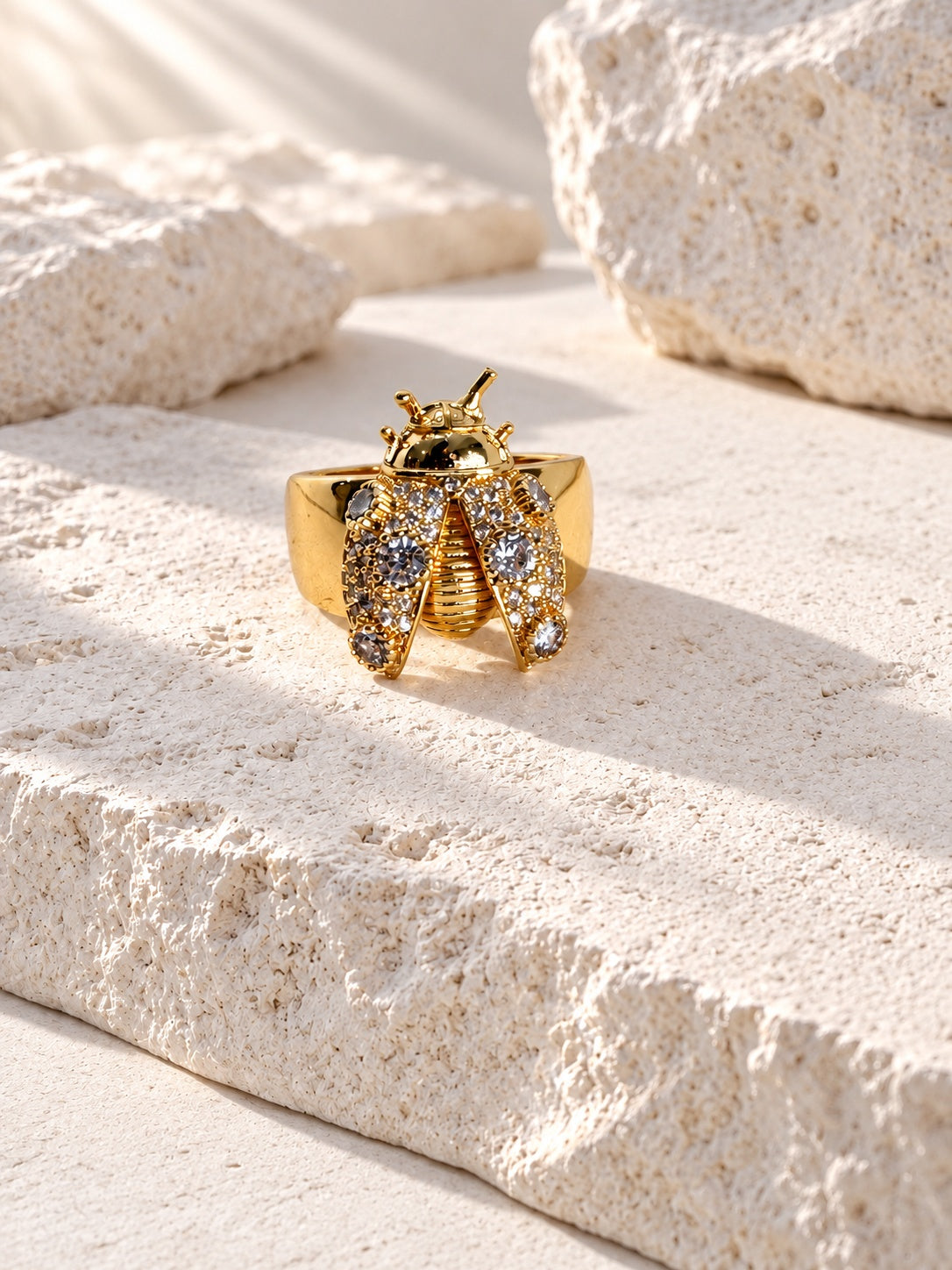 Gold insect ring on dry white textured stone