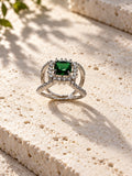Niska green AD stone statement ring in silver-tone setting, front view