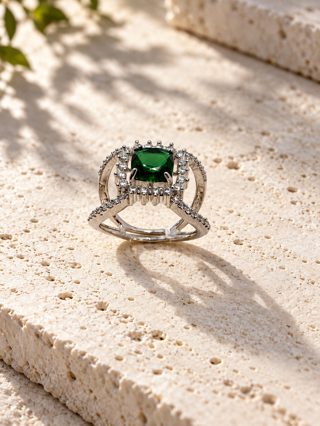 Niska green AD stone statement ring in silver-tone setting, front view