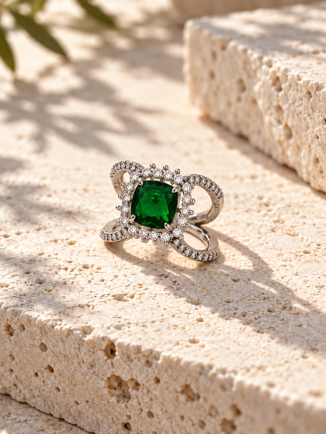 Niska green AD stone statement ring in silver-tone setting, angled view