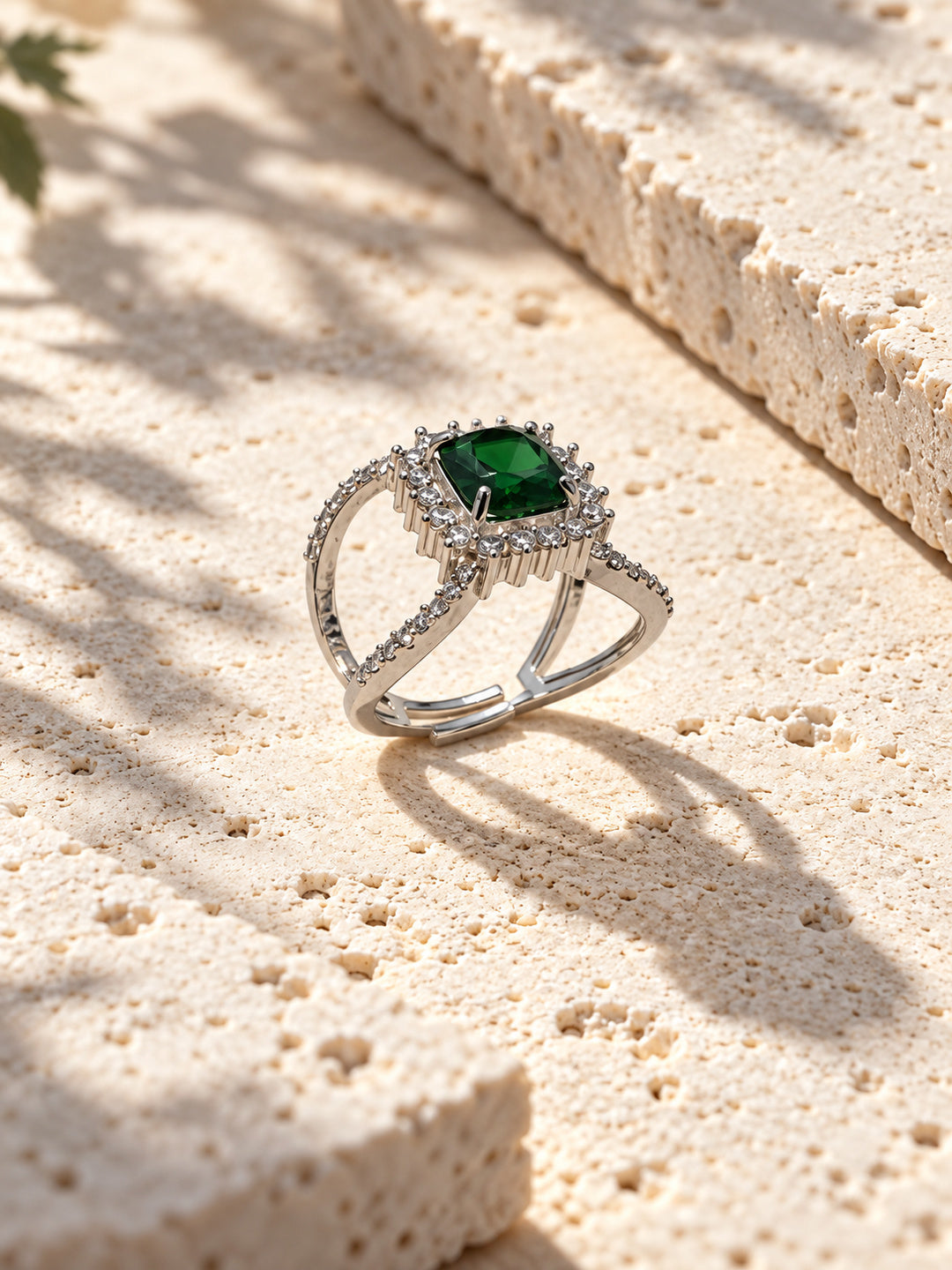 Niska green AD stone statement ring in silver-tone setting, side view