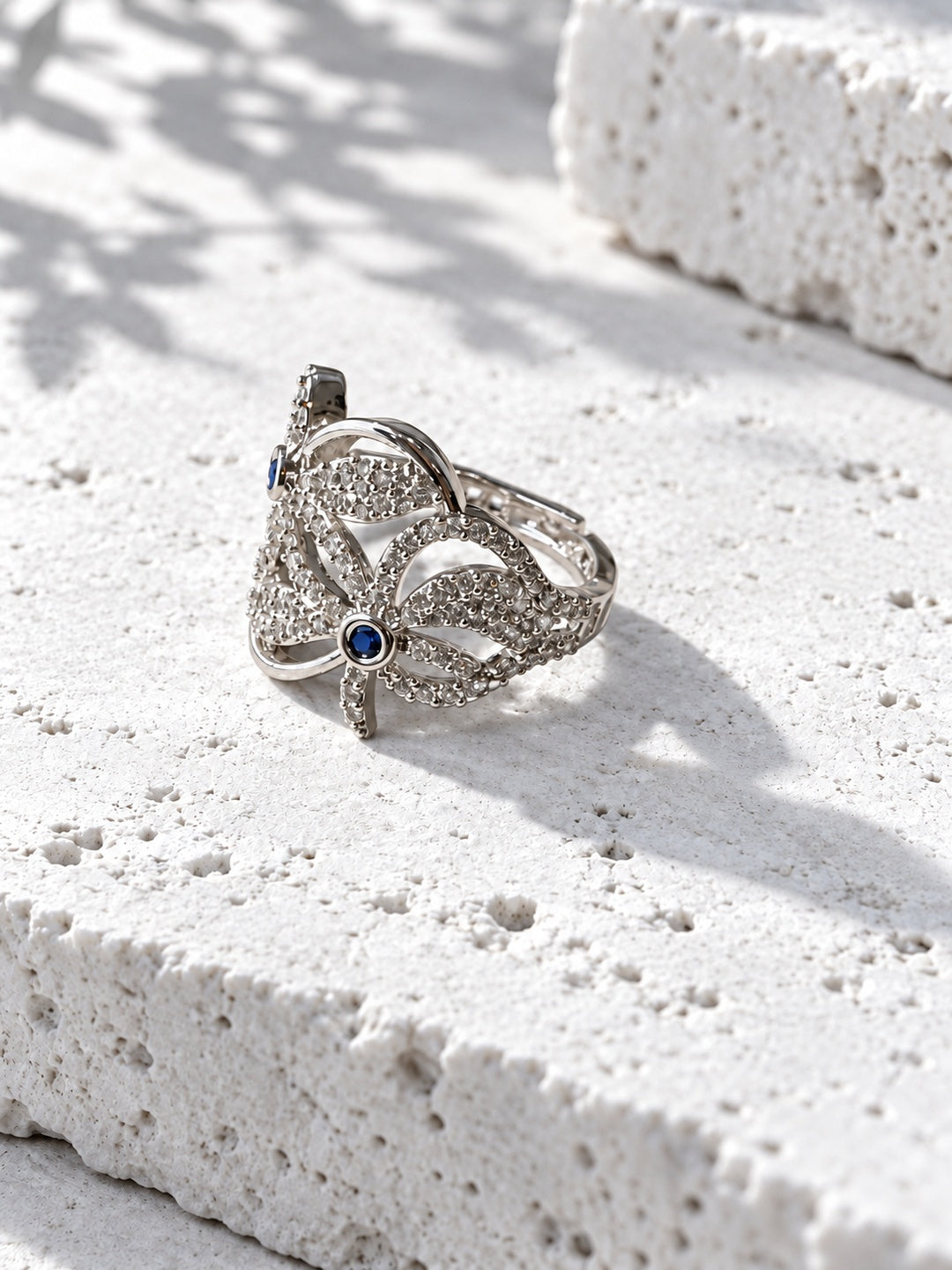 Silver-tone blue floral AD stone ring – product view 5