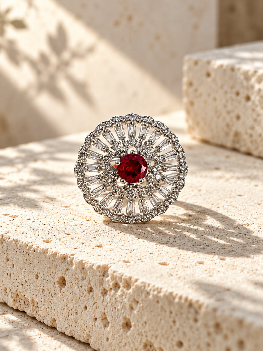 Niska Red Blossom AD Stone Statement Ring worn on model hand