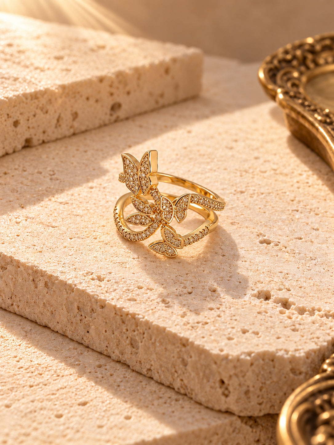 Niska gold-tone butterfly and leaf ring with AD stones, view 5