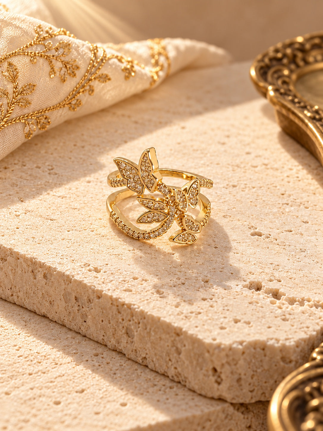 Niska gold-tone butterfly and leaf ring with AD stones, view 6