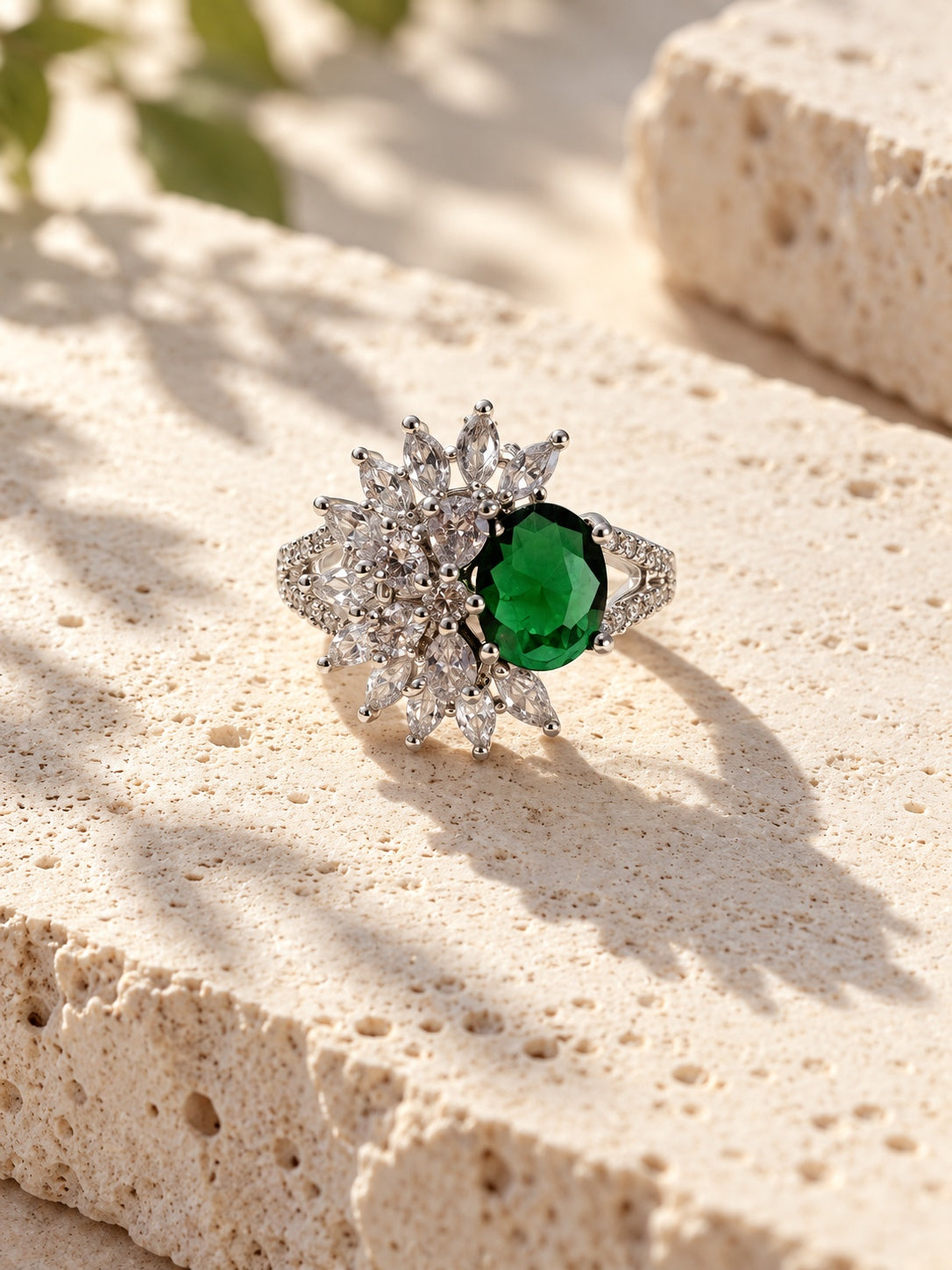 Green oval AD stone floral ring - view 1