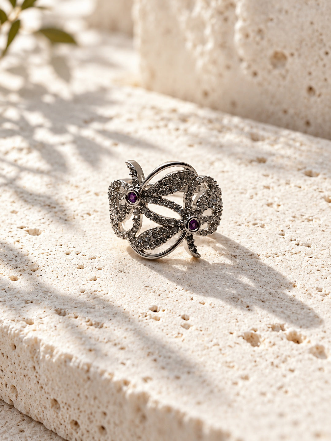 Niska silver-tone butterfly AD stone statement ring with purple accents, view 4
