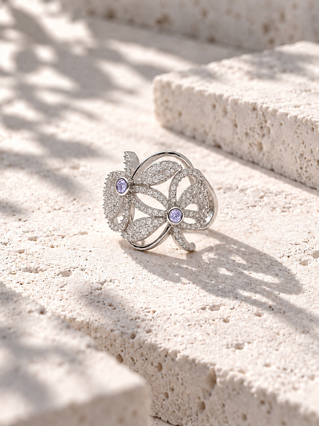 Niska silver-tone light lavender AD stone floral ring view 3