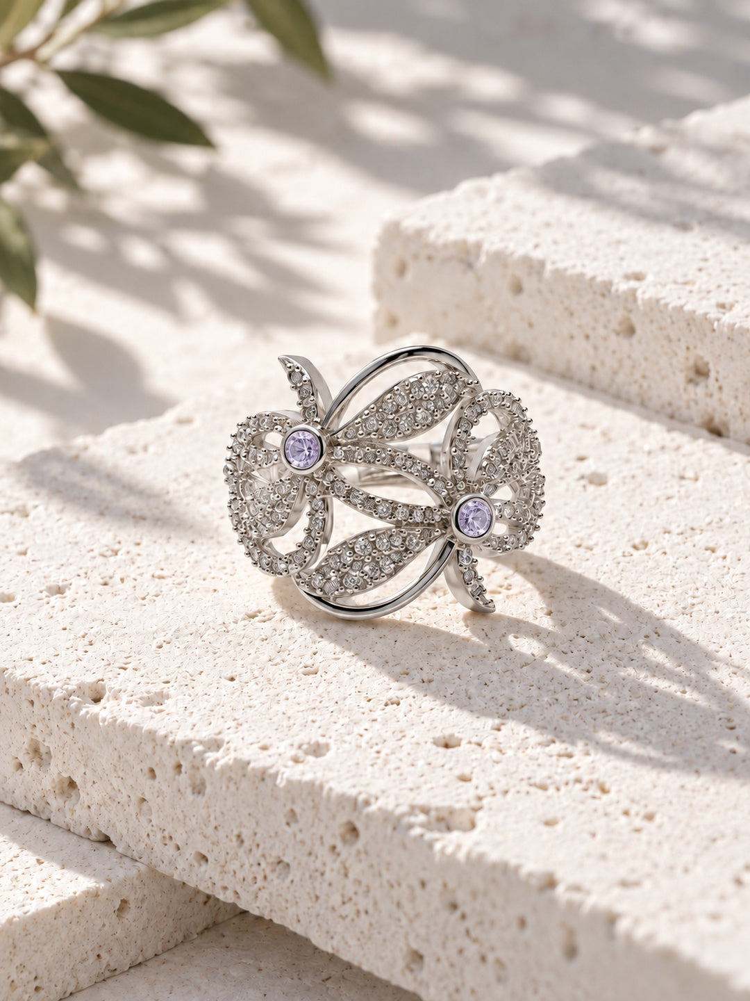 Niska silver-tone light lavender AD stone floral ring view 4