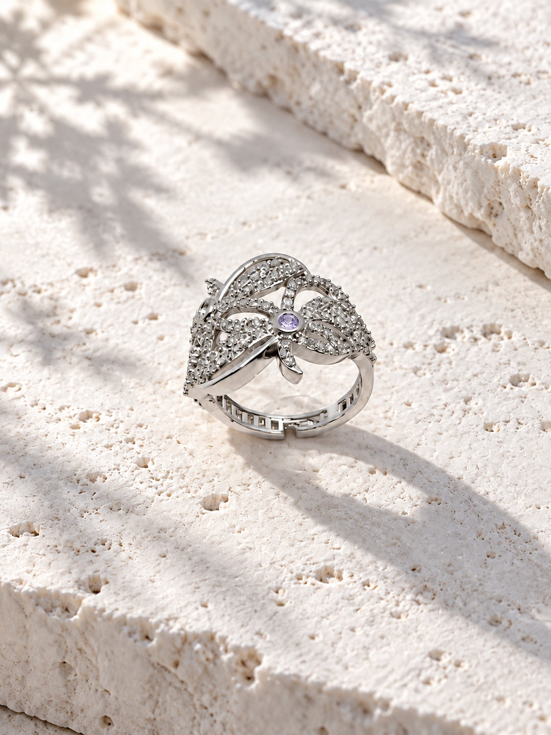 Niska silver-tone light lavender AD stone floral ring view 5
