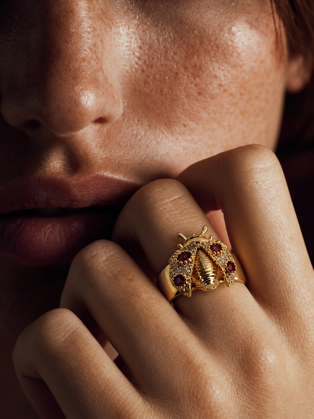 Niska replica gold-tone ladybug statement ring worn by model