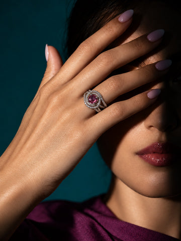 Niska pink AD stone silver-tone ring worn by model