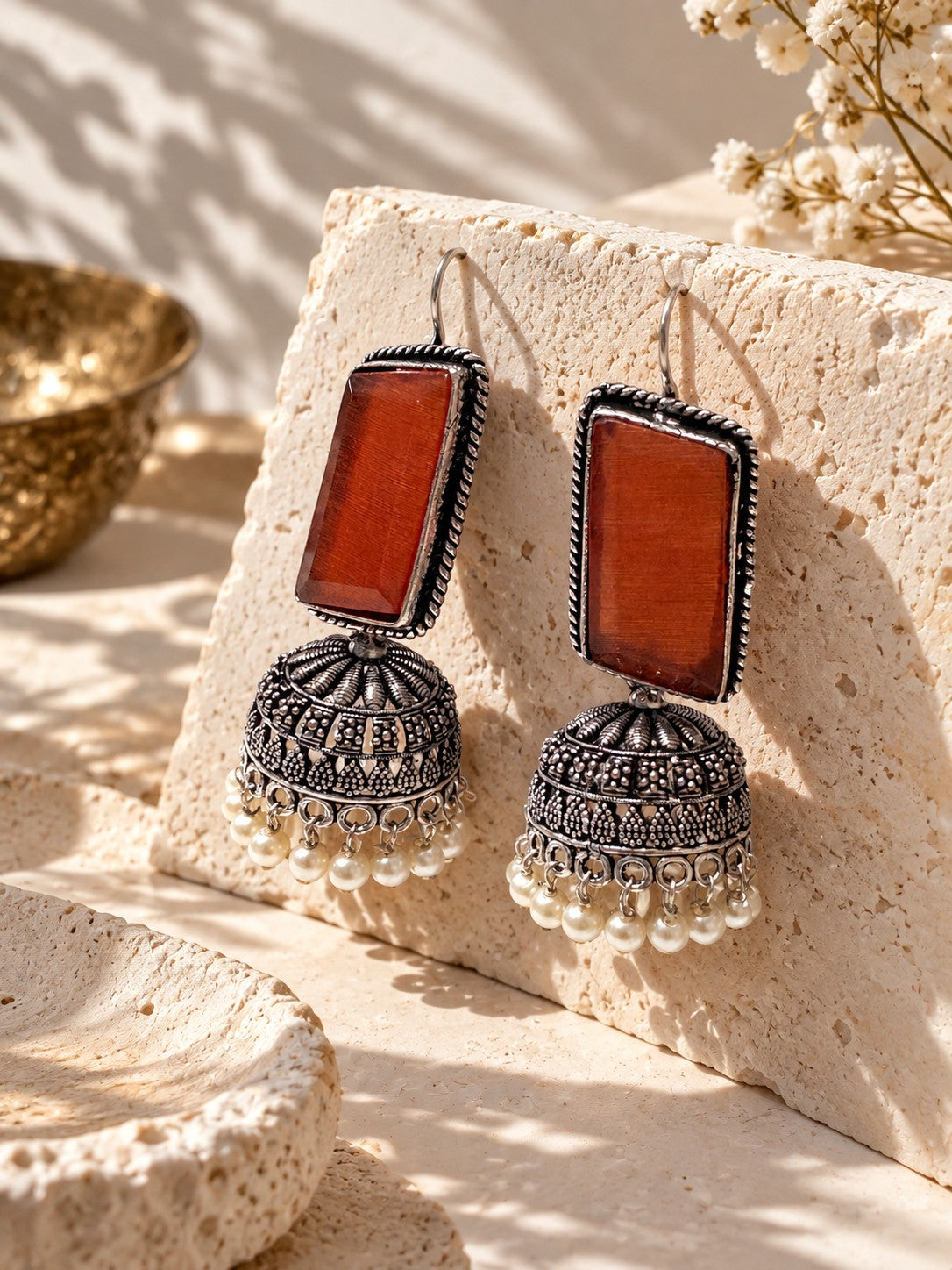 Monalisa Stone, Silver replica Jhumka Earrings