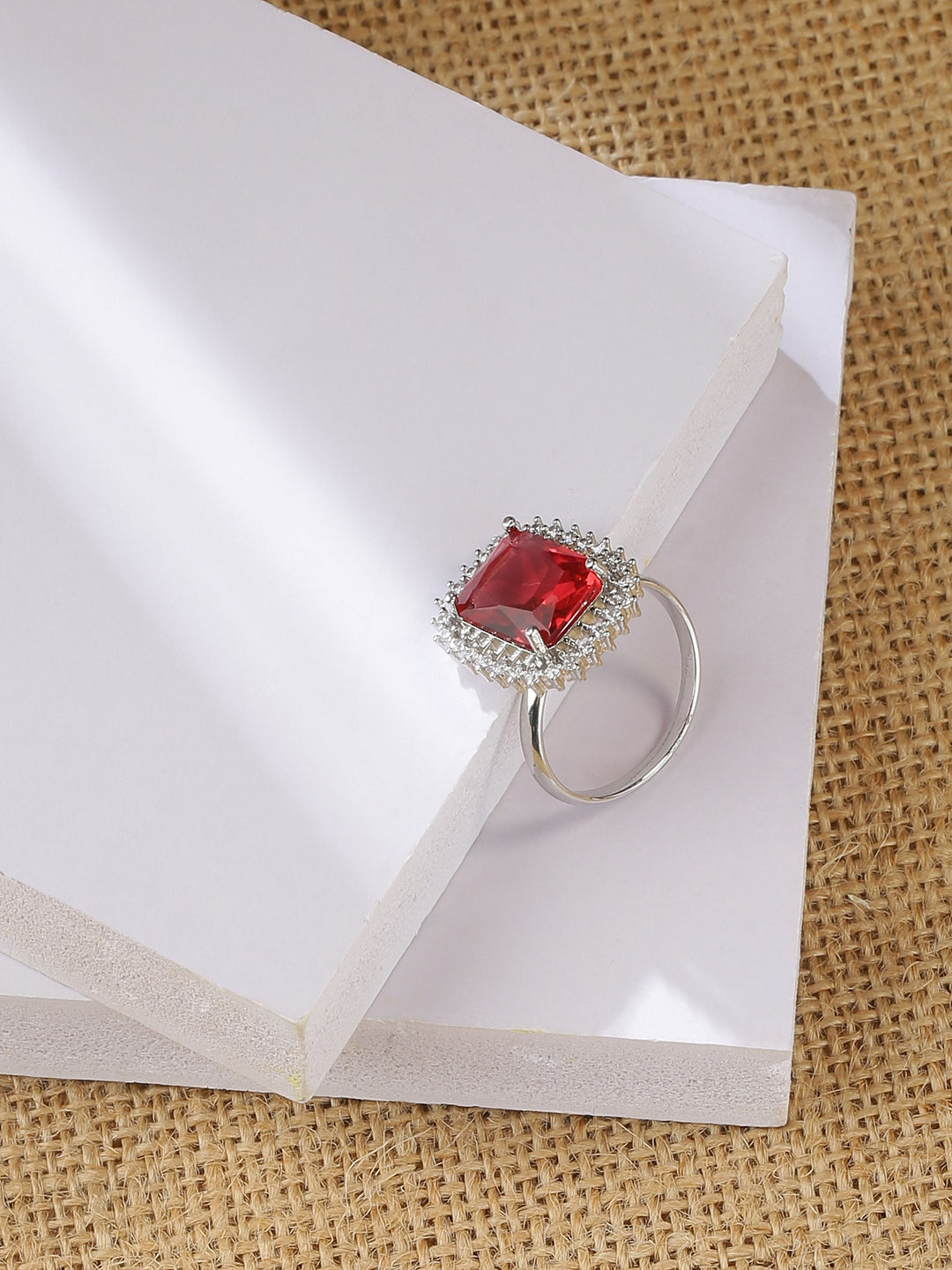 Doozie American Diamond Adjustable Ring- Red