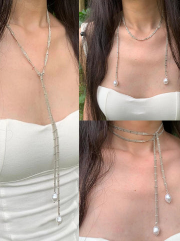 Niska Silver Lace Pearl Long Necklace Minimalist Wrap Design